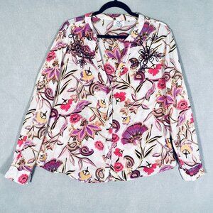 CC Chic Connection Top Womens XL Pink Cotton Floral Button Up Shirt